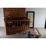 WICKER PICNIC HAMPER CONTAINING ORIENTAL CALLIGRAPHY PICTURES, VARIOUS CERAMICS, A SHIP IN A