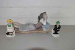 NAO FIGURE OF A RECUMBENT GIRL TOGETHER WITH A PAIR OF ANDY CAPP SALT AND PEPPER POTS (3)