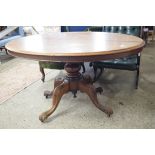 VICTORIAN MAHOGANY OVAL TOPPED LOO TABLE RAISED ON A TURNED COLUMN AND QUATRE BASE, 130CM WIDE