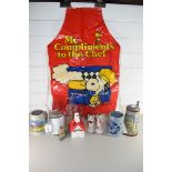 MIXED LOT COMPRISING BEER STEINS, SNOOPY MONEY BOX AND A SNOOPY APRON PLUS OTHER ITEMS