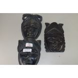 PAIR OF AFRICAN HARDWOOD CARVED MASKS TOGETHER WITH ONE OTHER