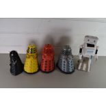 FOUR PLASTIC DALEK TOYS TOGETHER WITH A CONFUSED.COM ROBOT