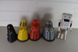 FOUR PLASTIC DALEK TOYS TOGETHER WITH A CONFUSED.COM ROBOT