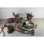MIXED LOT OF ITEMS TO INCLUDE SILVER PLATED TANKARDS, CUTLERY, MINIATURE COPPER COAL BUCKET, SHEEP
