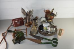 MIXED LOT OF ITEMS TO INCLUDE SILVER PLATED TANKARDS, CUTLERY, MINIATURE COPPER COAL BUCKET, SHEEP