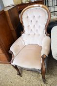VICTORIAN MAHOGANY FRAMED AND BUTTON UPHOLSTERED ARMCHAIR (A/F)