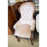 VICTORIAN MAHOGANY FRAMED AND BUTTON UPHOLSTERED ARMCHAIR (A/F)