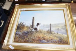 BILL HAINES, 'SPANIEL IN A FIELD SETTING', OIL ON CANVAS, GILT FRAMED, 51CM WIDE