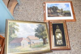 MIXED LOT COMPRISING F W CLARK, FIGURE OUTSIDE BARNS, OIL ON BOARD, TOGETHER WITH A FRAMED PRINT