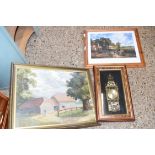 MIXED LOT COMPRISING F W CLARK, FIGURE OUTSIDE BARNS, OIL ON BOARD, TOGETHER WITH A FRAMED PRINT