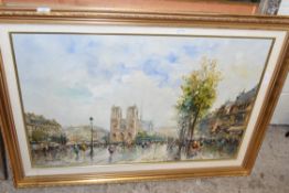 J GIORDANO, PARISIAN STREET SCENE WITH NOTRE DAME CATHEDRAL, OIL ON CANVAS, GILT FRAMED, 108CM WIDE