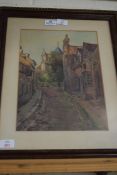 CHARLES EDWARD HANNIFORD JNR, WATERCOLOUR, COBBLED STREET SCENE, 35CM WIDE