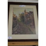 CHARLES EDWARD HANNIFORD JNR, WATERCOLOUR, COBBLED STREET SCENE, 35CM WIDE