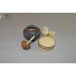 MIXED LOT COMPRISING TWO VARIOUS CIRCULA RIVORY BOXES, BARREL SHAPED THREAD CASE, BONE AND VEGETABLE