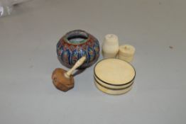 MIXED LOT COMPRISING TWO VARIOUS CIRCULA RIVORY BOXES, BARREL SHAPED THREAD CASE, BONE AND VEGETABLE