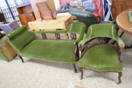 LATE VICTORIAN GREEN UPHOLSTERED CHAISE LONGUE TOGETHER WITH TWO SIMILARLY UPHOLSTERED ARMCHAIRS,