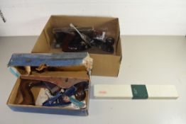 BOX OF WOODWORKING PLANES, TECHNICAL DRAWING INSTRUMENTS, HEMMI SLIDE RULE ETC