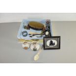 BOX OF MIXED ITEMS TO INCLUDE CRESTED CHINA, DRESSING TABLE BRUSH, TEA SPOONS ETC