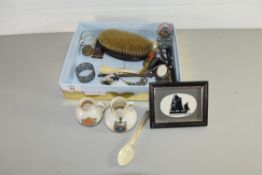 BOX OF MIXED ITEMS TO INCLUDE CRESTED CHINA, DRESSING TABLE BRUSH, TEA SPOONS ETC