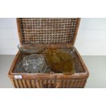 BASKET CONTAINING MIXED PRESSED GLASS DISHES