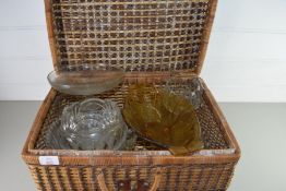 BASKET CONTAINING MIXED PRESSED GLASS DISHES