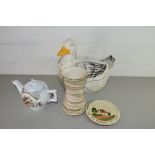 EGG CROCK FORMED AS A DUCK TOGETHER WITH TORQUAY WARE PIN DISH, A FURTHER TEA POT AND A VASE