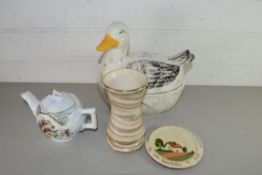 EGG CROCK FORMED AS A DUCK TOGETHER WITH TORQUAY WARE PIN DISH, A FURTHER TEA POT AND A VASE