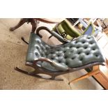 GREEN BUTTONED LEATHER UPHOLSTERED ROCKING CHAIR, 80CM WIDE