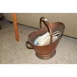 COPPER COAL BUCKET CONTAINING PERFUMES, STAPLER, VARIOUS ITEMS ETC