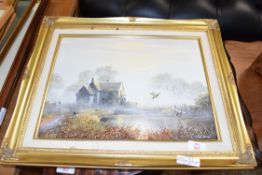 BILL HAINES, 'MORNING MIST', OIL ON CANVAS, GILT FRAMED, 51CM WIDE