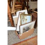 BOX OF MIXED PICTURES AND PRINTS TO INCLUDE RANGE OF BOOK PLATES, OIL ON BOARD OF A HARBOUR SCENE