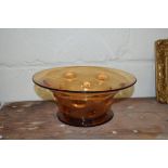 LARGE GLASS FRUIT BOWL WITH A BUBBLE DESIGN, STAINED BROWN, WITH FACTORY MARK ENGRAVED 'WEBB' TO