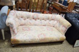 19TH CENTURY LOW PROFILE BUTTON BACK SOFA REQUIRING RE-UPHOLSTERY, 155CM WIDE