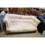 19TH CENTURY LOW PROFILE BUTTON BACK SOFA REQUIRING RE-UPHOLSTERY, 155CM WIDE