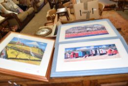 BRIAN LEWIS, THE WEYBOURNE TRAIN, BEACH HUTS AND LIFEBOAT CROMER BEACH, COLOURED PRINT, F/G, LARGEST