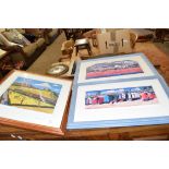 BRIAN LEWIS, THE WEYBOURNE TRAIN, BEACH HUTS AND LIFEBOAT CROMER BEACH, COLOURED PRINT, F/G, LARGEST