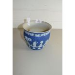 WEDGWOOD BLUE JASPERWARE JARDINIERE DECORATED WITH VARIOUS FIGURES, 16CM DIAM