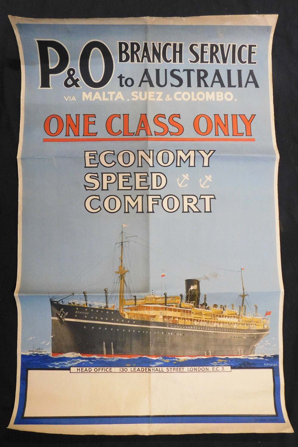 STANLEY CHARLES ROWLES (DESIGNER/ILLUSTRATOR): BRANCH SERVICE P&O TO AUSTRALIA VIA MALTA AND SUEZ