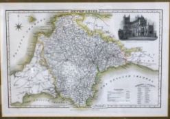 JAMES PIGOT: DEVONSHIRE, engraved part hand coloured map circa 1844, vignette of Exeter Cathedral,