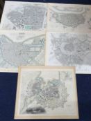 SOCIETY FOR THE DIFFUSION OF USEFUL KNOWLEDGE: FIVE ENGRAVED PART HAND COLOURED TOWN PLANS