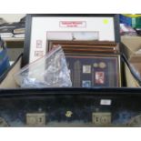 Old suitcase containing mixed coins, mainly modern UK crowns etc + assorted framed commemorative