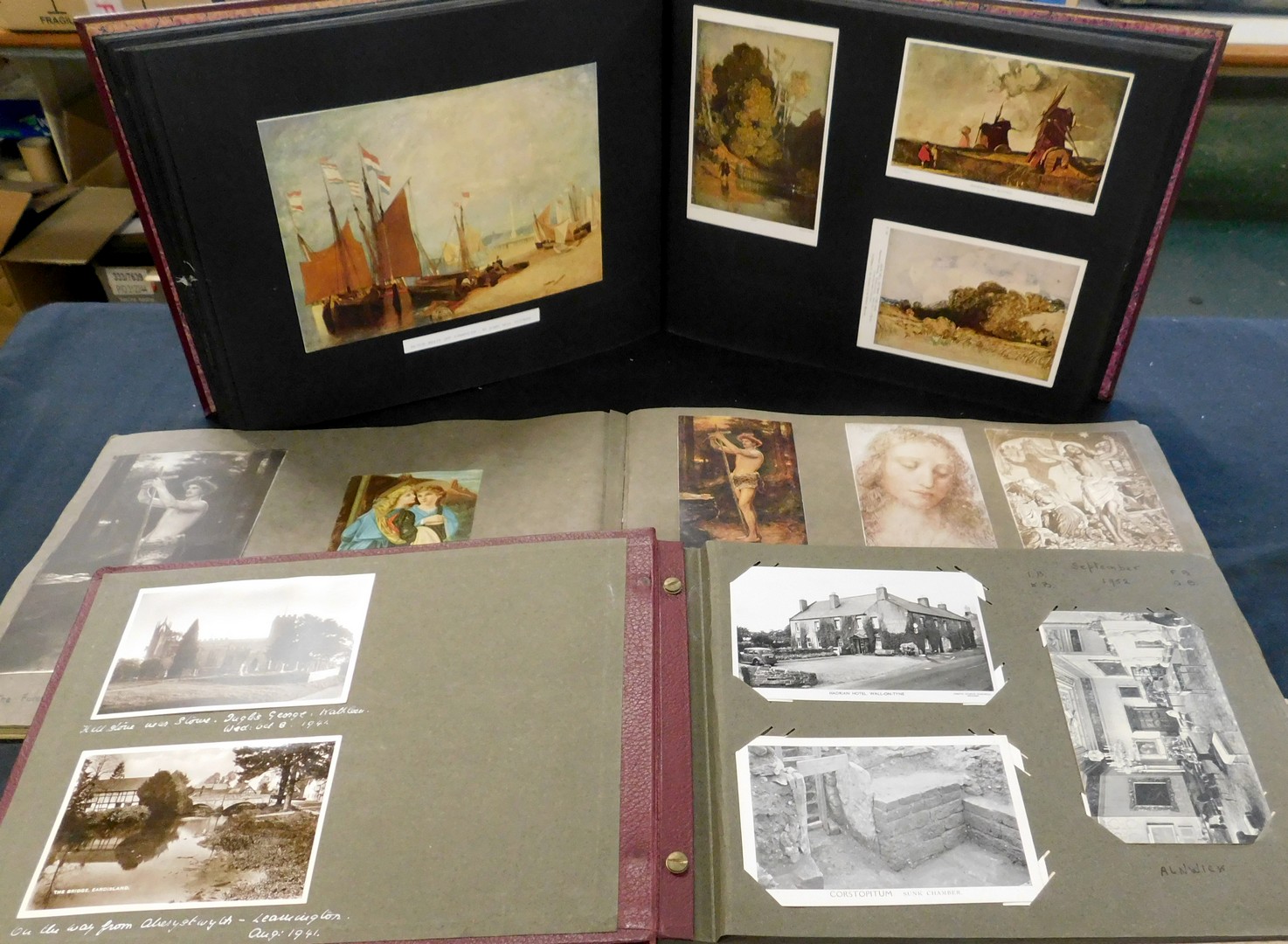 Box of mixed items including an accumulation of modern picture postcards in two albums and a shoe