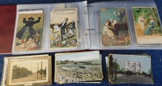 Shoe box circa 120 picture postcards in a modern album and loose in packet, topographical