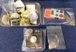 Carton assorted UK coins, some pre-1947 including 1849 florin and 1937 crown + two bank notes