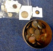 Small tin and packet assorted coins including USA, 1849-54 Liberty head gold dollar (solder verso