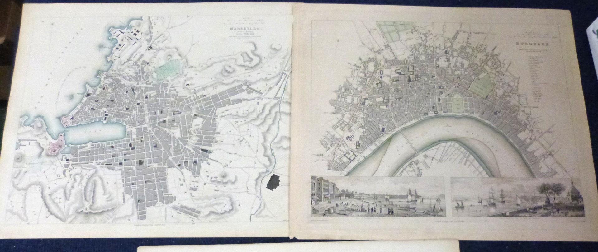 SOCIETY FOR THE DIFFUSION OF USEFUL KNOWLEDGE: FIVE ENGRAVED PART HAND COLOURED FRENCH TOWN PLANS