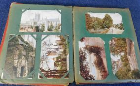 Old disintegrating postcard album containing 100+ UK topographical postcards circa 1920s