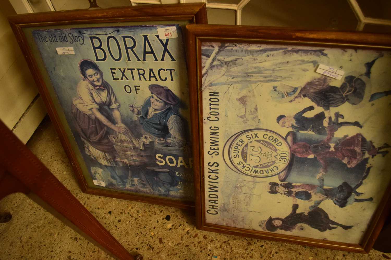 TWO FRAMED ADVERTISING PICTURES 'CHADWICKS SEWING COTTON' AND 'BORAX EXTRACT OF SOAP', BOTH F/G