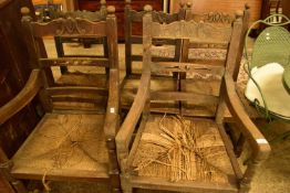 SET OF FIVE LATE 19TH CENTURY OAK FRAMED AND RUSH SEATED DINING CHAIRS WITH BAR BACKS, (FOR