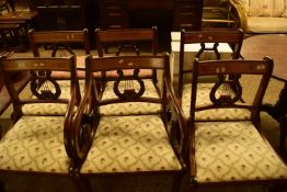 SET OF SIX REPRODUCTION MAHOGANY DINING CHAIRS WITH LYRE BACKS AND FLORAL UPHOLSTERED SEATS